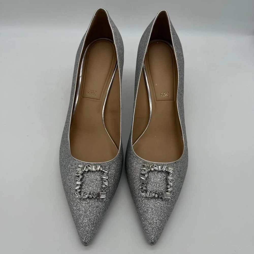 Charles & Keith Silver Glitter Buckle Pointed Toe Pumps 60580031-41 Size 41